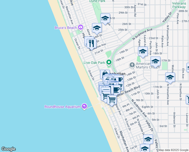 map of restaurants, bars, coffee shops, grocery stores, and more near 125 16th Place in Manhattan Beach