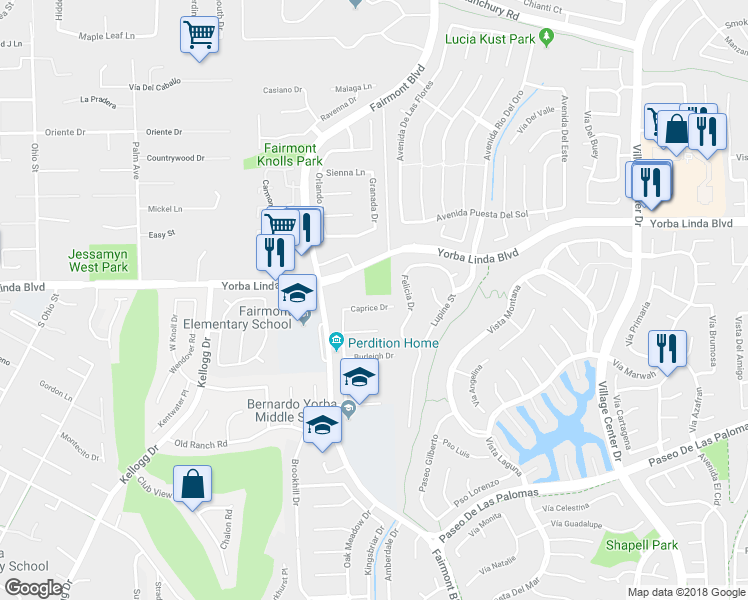 map of restaurants, bars, coffee shops, grocery stores, and more near 19831 Caprice Drive in Yorba Linda