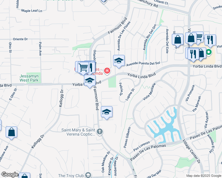 map of restaurants, bars, coffee shops, grocery stores, and more near 19831 Caprice Drive in Yorba Linda