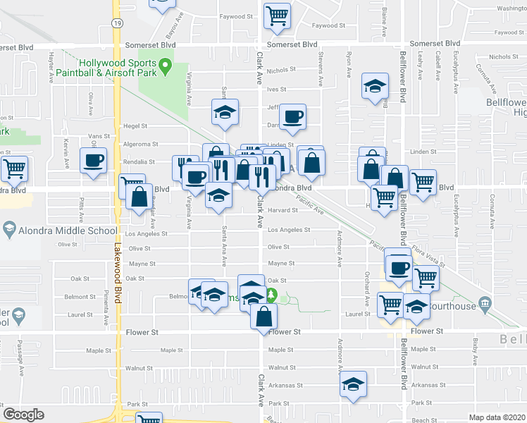 map of restaurants, bars, coffee shops, grocery stores, and more near 9400 Harvard Street in Bellflower