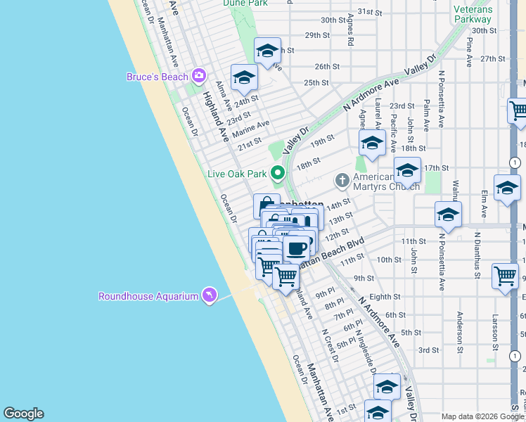 map of restaurants, bars, coffee shops, grocery stores, and more near 232 16th Street in Manhattan Beach