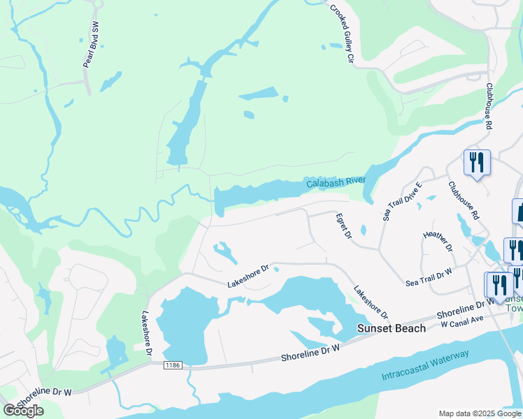 map of restaurants, bars, coffee shops, grocery stores, and more near 554 Medcalf Drive Southwest in Sunset Beach