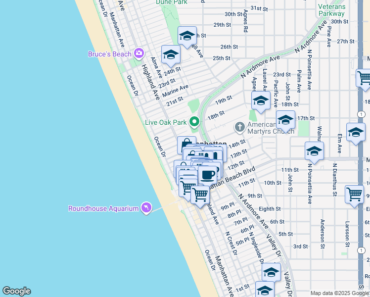 map of restaurants, bars, coffee shops, grocery stores, and more near 300 16th Street in Manhattan Beach