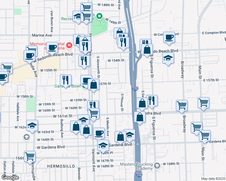 map of restaurants, bars, coffee shops, grocery stores, and more near 737 West 158th Street in Gardena