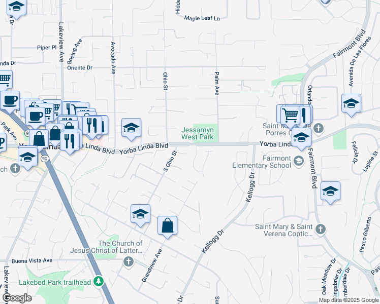 map of restaurants, bars, coffee shops, grocery stores, and more near 19031 Sunrise Place in Yorba Linda