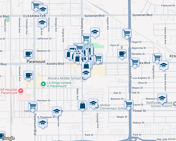 map of restaurants, bars, coffee shops, grocery stores, and more near 15930 Downey Avenue in Paramount