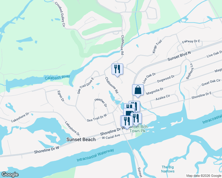 map of restaurants, bars, coffee shops, grocery stores, and more near 239 Clubhouse Road in Sunset Beach