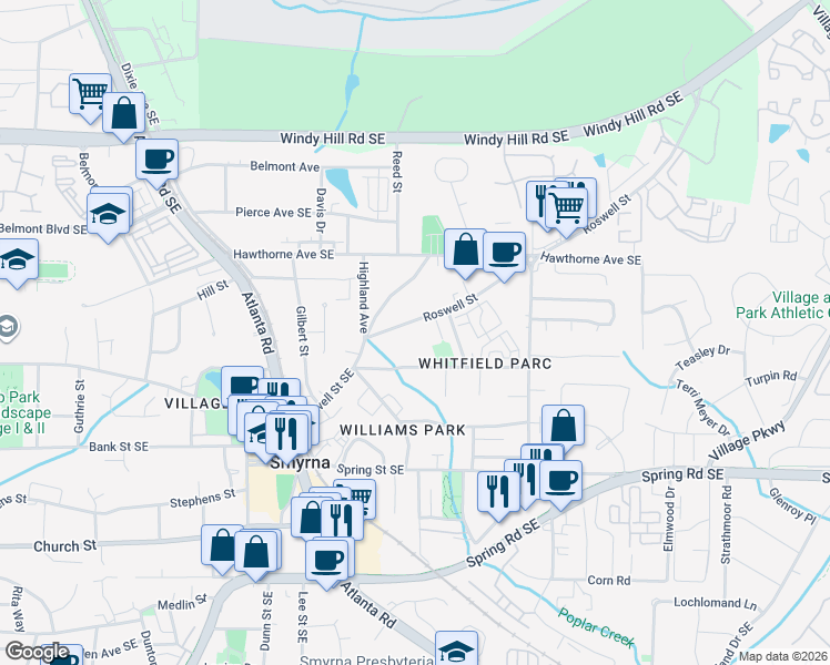 map of restaurants, bars, coffee shops, grocery stores, and more near 1490 Roswell Street Southeast in Smyrna
