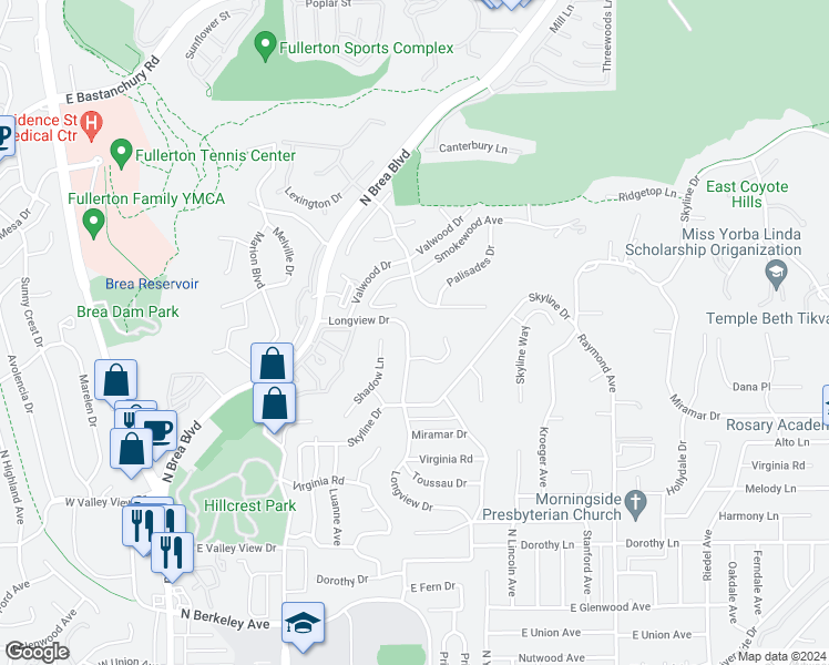 map of restaurants, bars, coffee shops, grocery stores, and more near 1512 Longview Drive in Fullerton