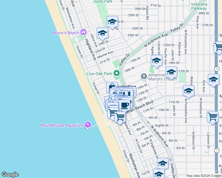 map of restaurants, bars, coffee shops, grocery stores, and more near 300 16th Street in Manhattan Beach