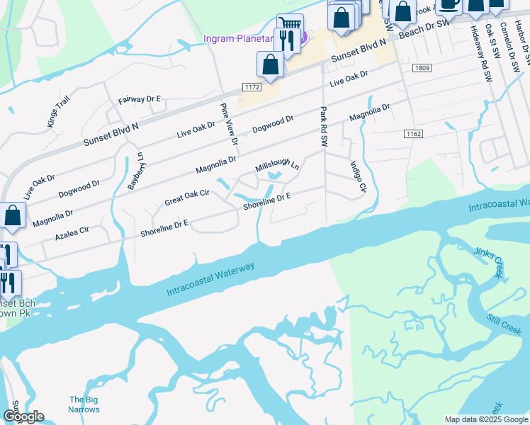 map of restaurants, bars, coffee shops, grocery stores, and more near 309 Waterway Drive Southwest in Sunset Beach