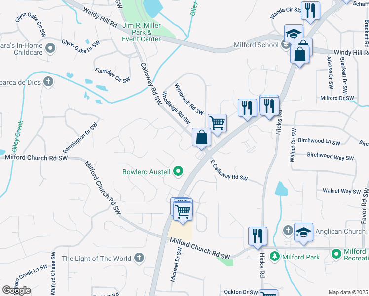 map of restaurants, bars, coffee shops, grocery stores, and more near 2663 Windage Drive Southwest in Marietta