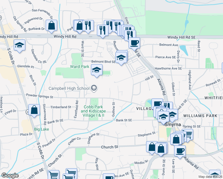 map of restaurants, bars, coffee shops, grocery stores, and more near 1044 Fleming Street in Smyrna