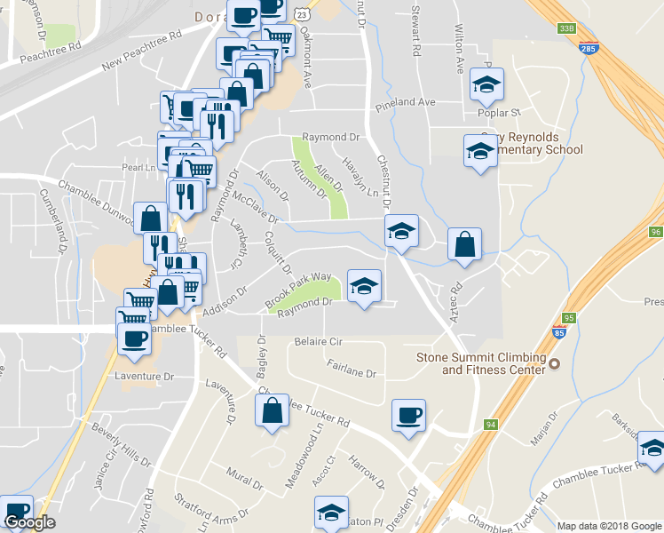 map of restaurants, bars, coffee shops, grocery stores, and more near 2694 Brook Park Way in Doraville