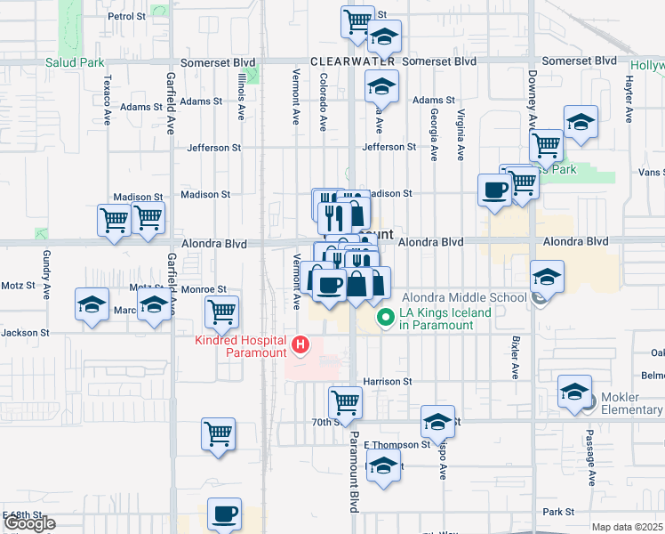 map of restaurants, bars, coffee shops, grocery stores, and more near 15932 Colorado Avenue in Paramount