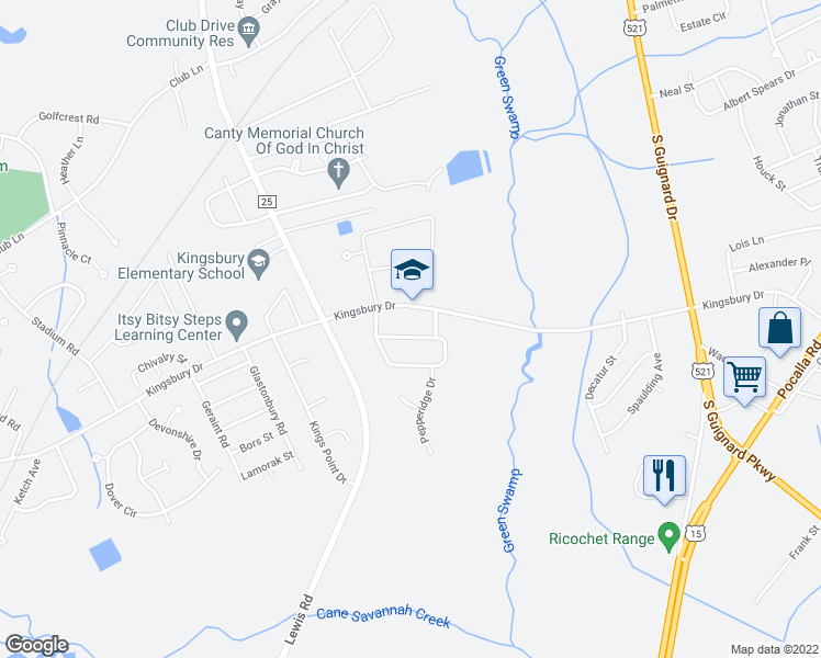 map of restaurants, bars, coffee shops, grocery stores, and more near 665 Bennington Drive in Sumter