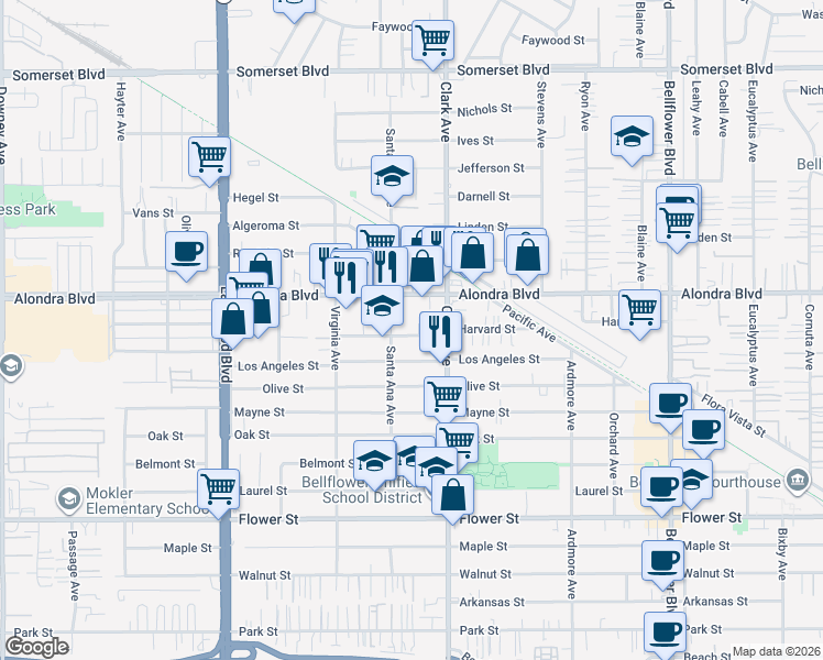 map of restaurants, bars, coffee shops, grocery stores, and more near 9321 Harvard Street in Bellflower