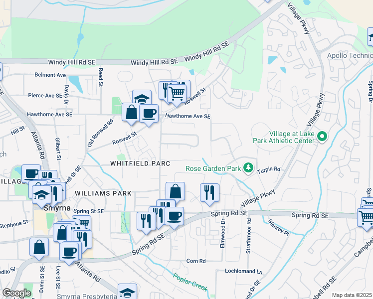 map of restaurants, bars, coffee shops, grocery stores, and more near 1545 Springleaf Cove Southeast in Smyrna
