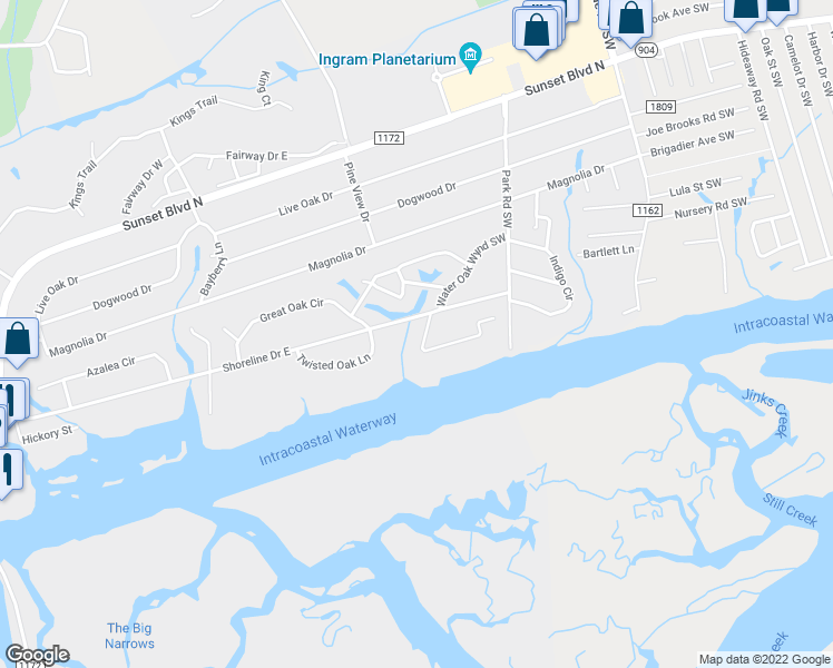 map of restaurants, bars, coffee shops, grocery stores, and more near 309 Waterway Drive Southwest in Sunset Beach