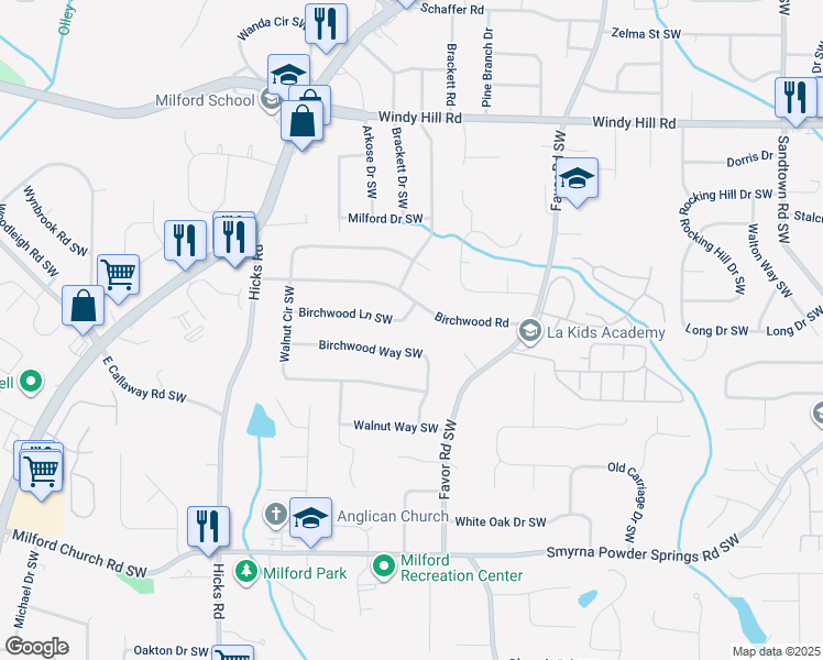 map of restaurants, bars, coffee shops, grocery stores, and more near 609 Birchwood Road in Marietta