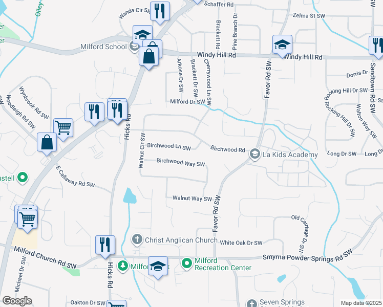 map of restaurants, bars, coffee shops, grocery stores, and more near 651 Birchwood Lane Southwest in Marietta