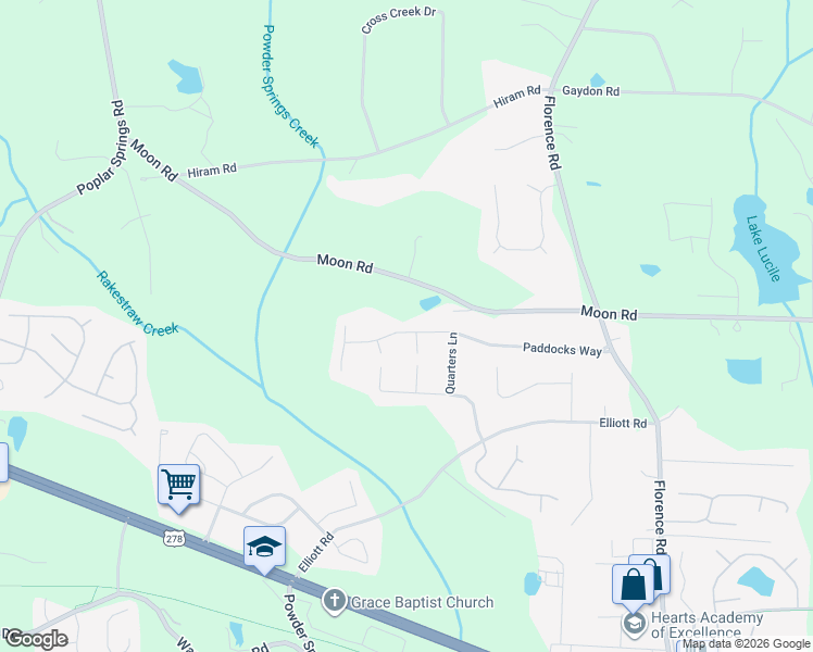 map of restaurants, bars, coffee shops, grocery stores, and more near 1412 Paddocks Way in Powder Springs