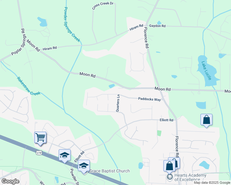 map of restaurants, bars, coffee shops, grocery stores, and more near 1402 Paddocks Way in Powder Springs