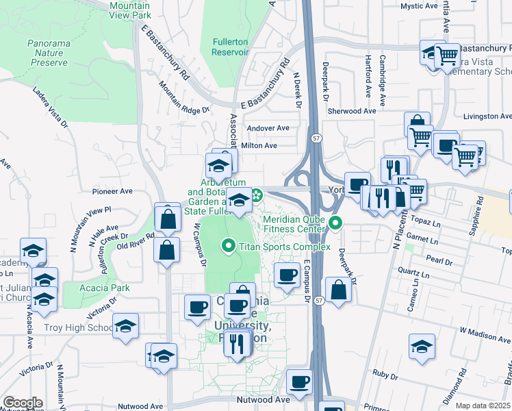 map of restaurants, bars, coffee shops, grocery stores, and more near 1900 Associated Road in Fullerton