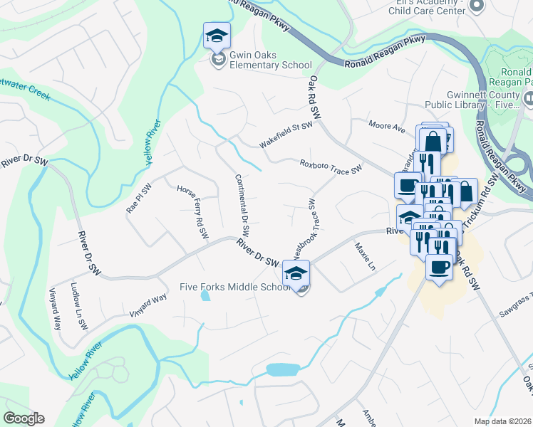 map of restaurants, bars, coffee shops, grocery stores, and more near 3219 Lincoln Terrace in Lawrenceville