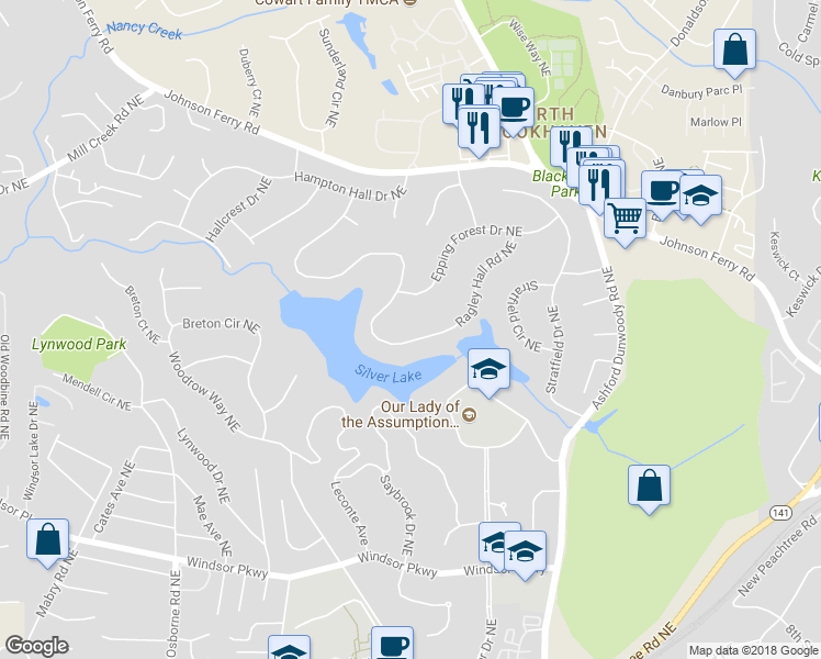 map of restaurants, bars, coffee shops, grocery stores, and more near 1366 Ragley Hall Road Northeast in Atlanta