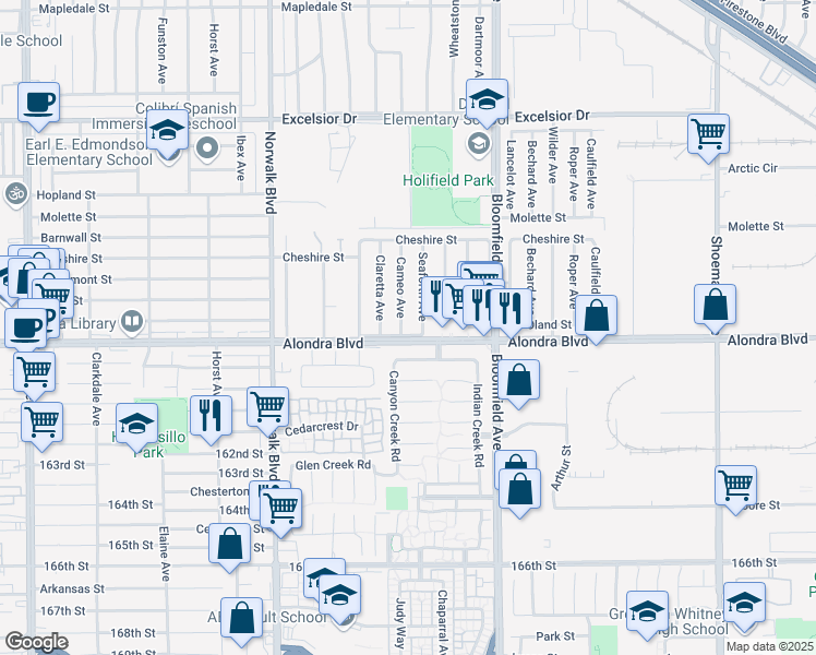 map of restaurants, bars, coffee shops, grocery stores, and more near 15726 Cameo Avenue in Norwalk