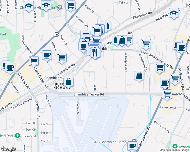 map of restaurants, bars, coffee shops, grocery stores, and more near 3354 Burk Drive in Chamblee