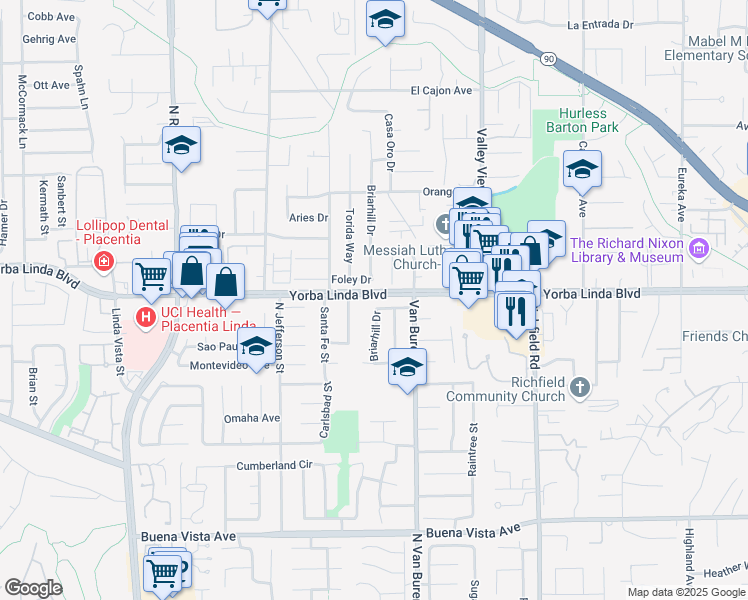 map of restaurants, bars, coffee shops, grocery stores, and more near 17201 Hillwood Drive in Yorba Linda