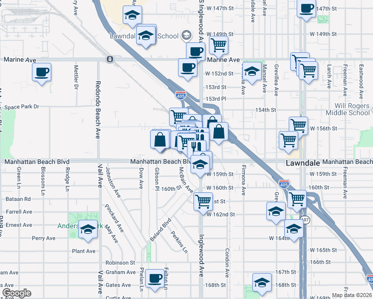 map of restaurants, bars, coffee shops, grocery stores, and more near 2709 Manhattan Beach Boulevard in Redondo Beach