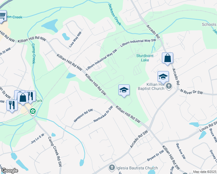 map of restaurants, bars, coffee shops, grocery stores, and more near 3698 Annsbury Court in Lilburn