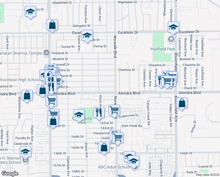 map of restaurants, bars, coffee shops, grocery stores, and more near 12137 Alondra Boulevard in Norwalk