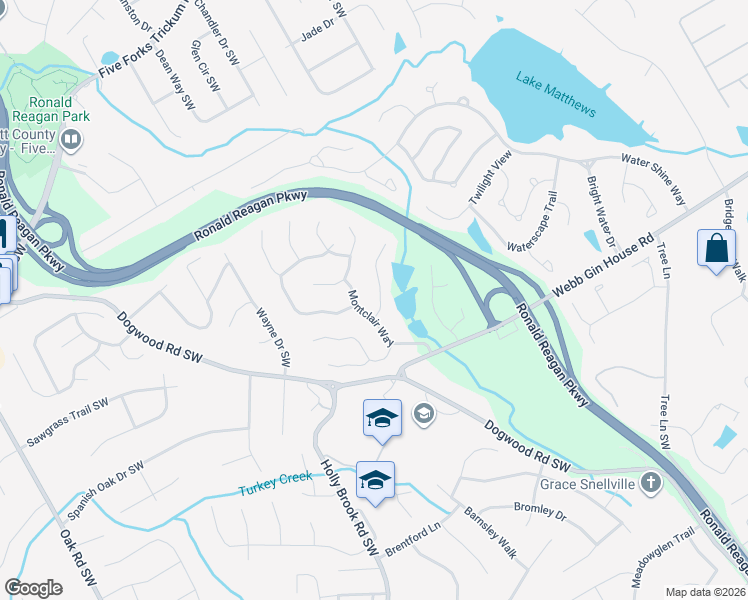 map of restaurants, bars, coffee shops, grocery stores, and more near 2565 Lynshire Lane in Snellville
