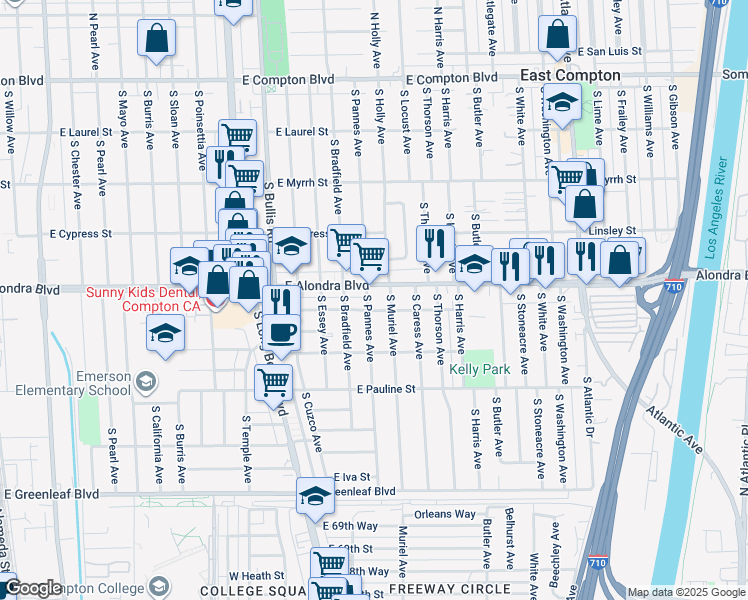 map of restaurants, bars, coffee shops, grocery stores, and more near 1909 East Elizabeth Street in Compton