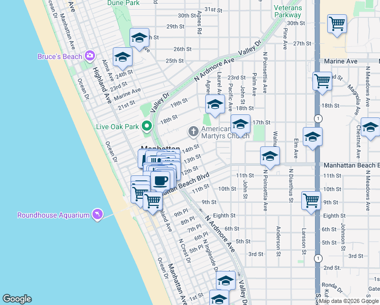 map of restaurants, bars, coffee shops, grocery stores, and more near 624 14th Street in Manhattan Beach