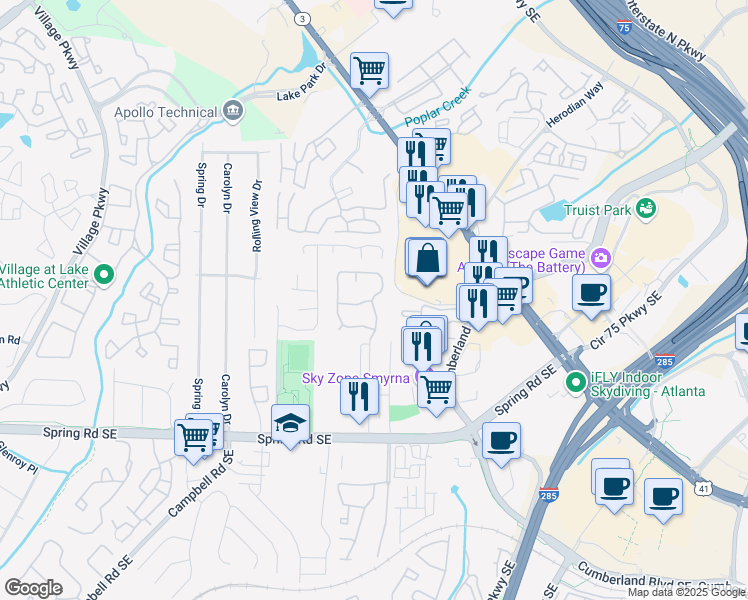 map of restaurants, bars, coffee shops, grocery stores, and more near 5034 Bell Drive Southeast in Smyrna