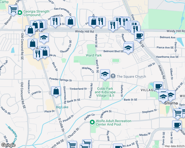 map of restaurants, bars, coffee shops, grocery stores, and more near 892 Wayland Court in Smyrna