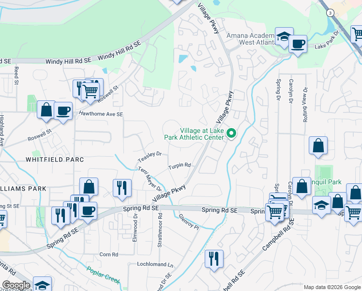 map of restaurants, bars, coffee shops, grocery stores, and more near 2181 Gordon Circle in Smyrna
