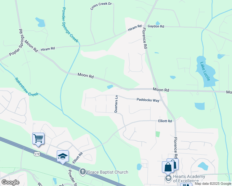 map of restaurants, bars, coffee shops, grocery stores, and more near 1400 Paddocks Way in Powder Springs