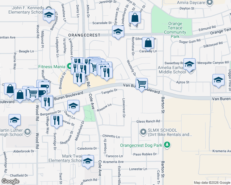 map of restaurants, bars, coffee shops, grocery stores, and more near 9055 Dancy Circle in Riverside