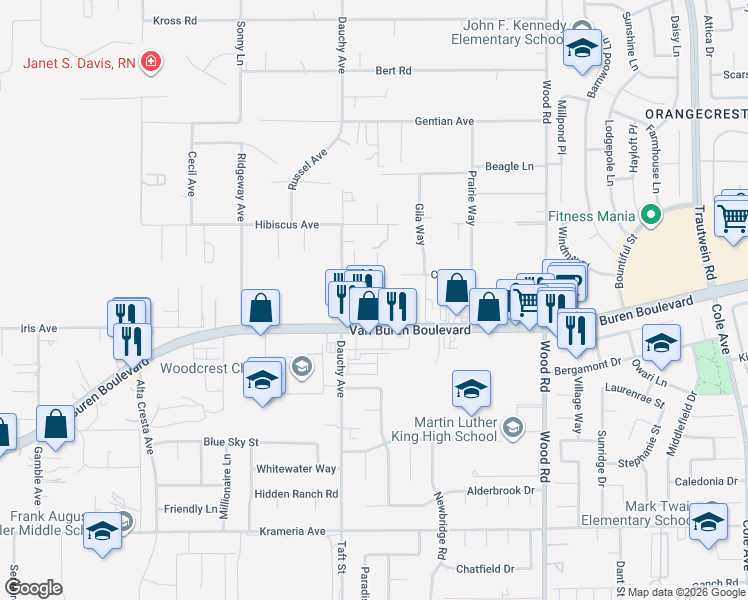map of restaurants, bars, coffee shops, grocery stores, and more near 18580 Van Buren Boulevard in Riverside