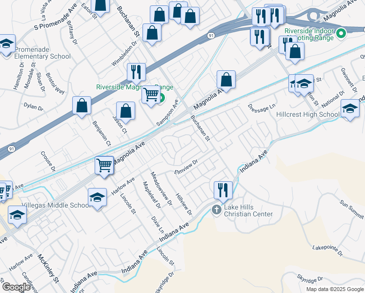 map of restaurants, bars, coffee shops, grocery stores, and more near 3700 Buchanan Street in Riverside