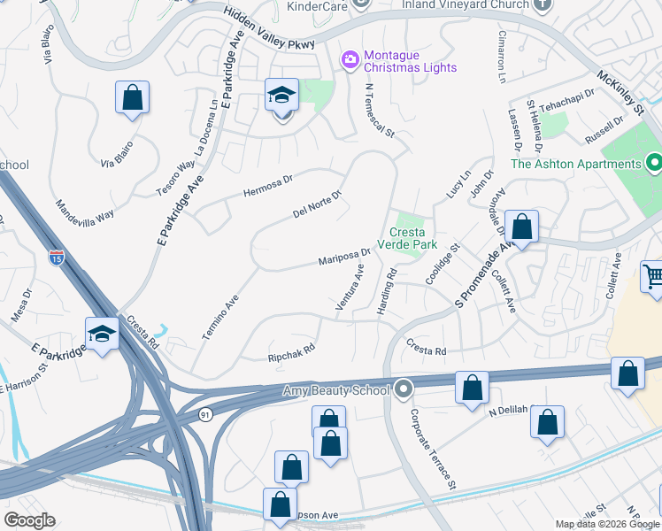 map of restaurants, bars, coffee shops, grocery stores, and more near 1488 Mariposa Drive in Corona