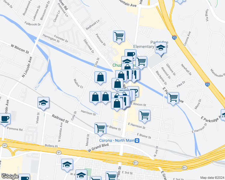map of restaurants, bars, coffee shops, grocery stores, and more near 321 West Rincon Street in Corona