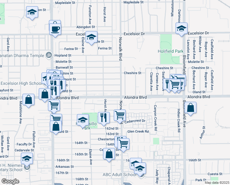 map of restaurants, bars, coffee shops, grocery stores, and more near 12137 Alondra Boulevard in Norwalk