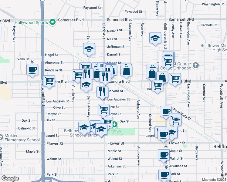 map of restaurants, bars, coffee shops, grocery stores, and more near 9444 Harvard Street in Bellflower